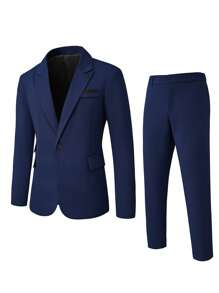 Manfinity Mode Bộ vest nam màu xanh navy trơn thanh lịch, tay dài, vừa vặn cho những dịp trang trọng - Màu xanh hải quân - Xem 5