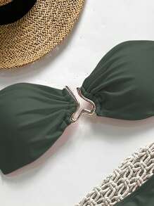 Swim Vcay Set Bikini 2 Potong Wanita Musim Panas Warna Polos Tanpa Tali dengan Dekorasi Logam Seksi - Hijau - View 4