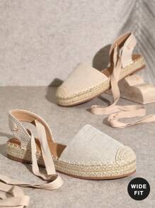 SHUZIA Alpargatas planas envolventes de tejido minimalista básico de ajuste ancho para mujer - Beis - Ver 1