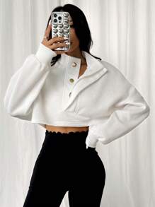 SHEIN EZwear 女士立领前扣长袖卫衣毕业、返校服装、毕业、女士教师服装、秋冬返校 - 白色 - 查看 4