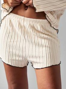 MISSGUIDED Ribbed Knit Button Front Loungewear Pajama Set With Black Piping Detail Cozy Sleepwear For Winter - Apricot - View 8