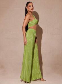Silquee Áo crop top vải họa tiết màu xanh lá cây chanh với thiết kế xoắn và chân váy xẻ, thích hợp cho kỳ nghỉ hè ở bãi biển - Màu xanh chanh - Xem 6