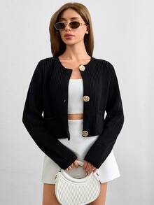 EURMUSE E Crew Neck Front Button Up Casual Long Sleeve Cardigan,Tall In Women,Cardigans,Petite,Tall - Black - View 5