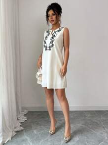 Elenzga 女士简约优雅短款无袖连衣裙 - 杏色 - 查看 6