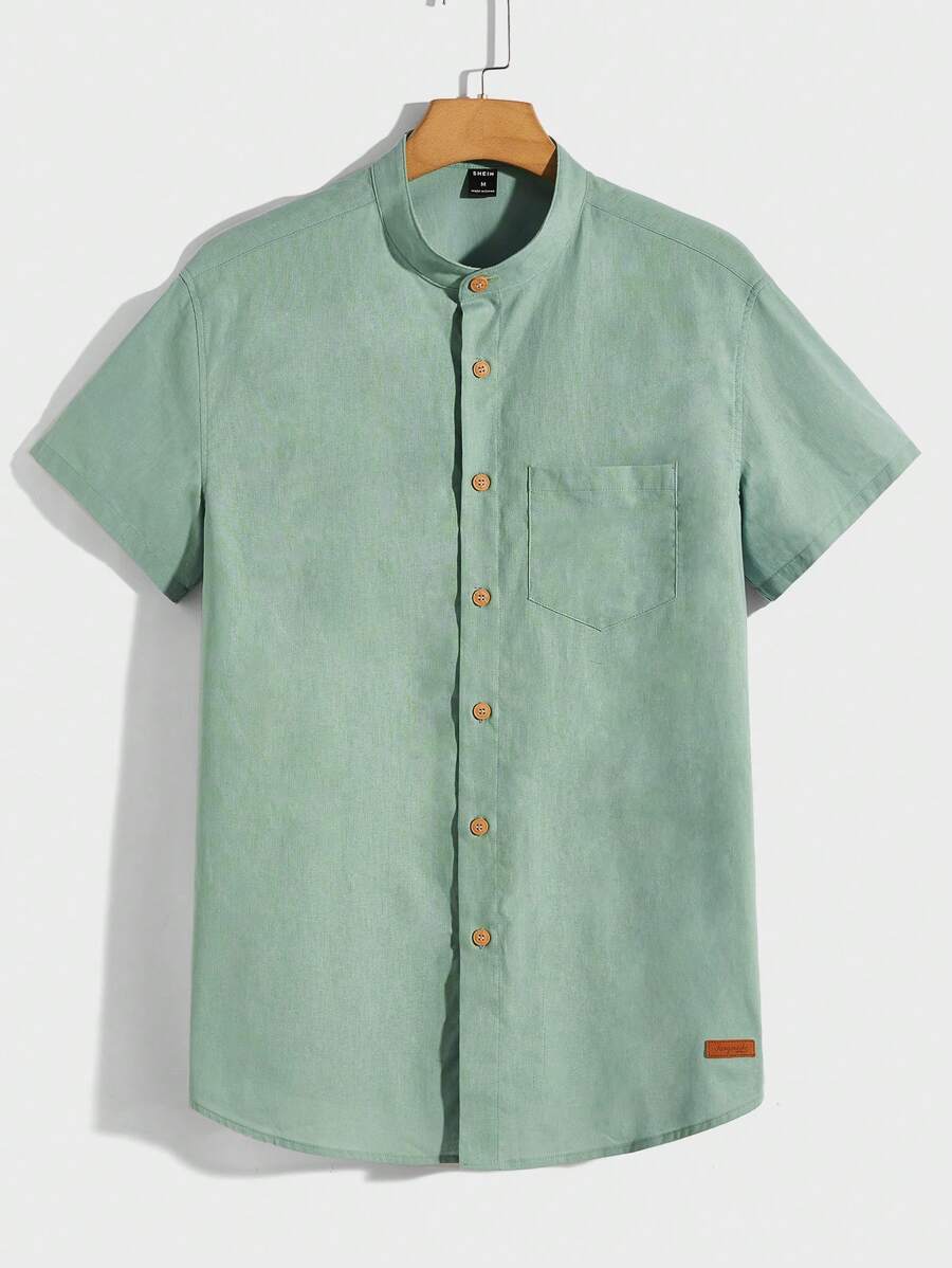 Manfinity BRENVOR Men Cotton Mock Neck Patch Detail Plain Casual Short Sleeve Shirt, For Husband, Couple Things - Mint Green - View 1