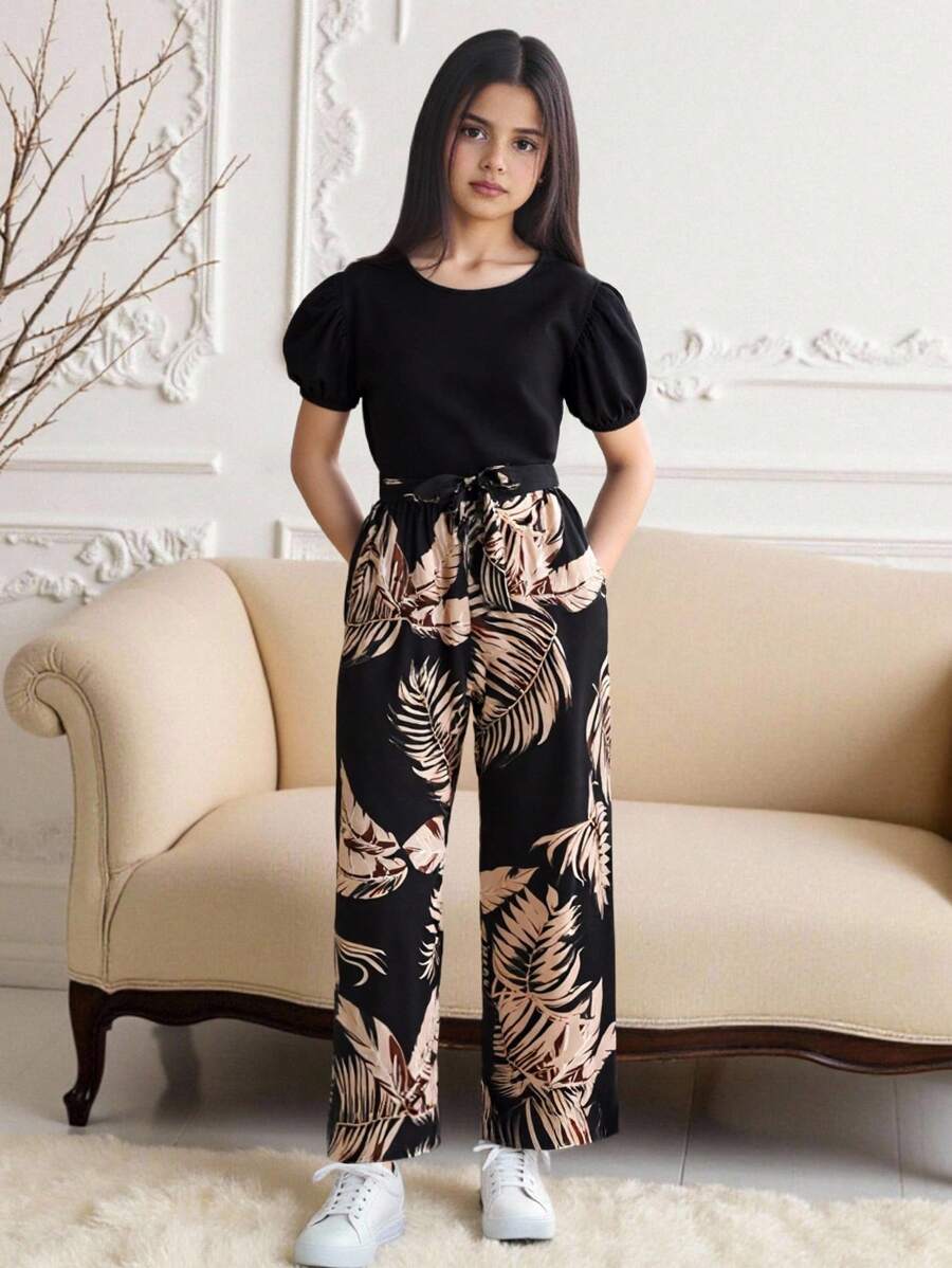 SHEIN Tween 女孩寬鬆休閒泡泡袖襯衫和熱帶印花長褲 2 件/套 - 彩色 - 查看 1