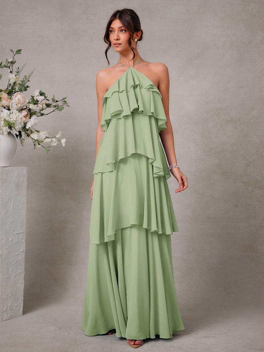 L'Amorae Elegant Romantic Wedding Guest Solid Halter Tiered Chiffon Maxi Dress - Green - View 1