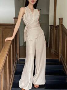 DAZY 2pcs/Set Women V-Neck Tied Strap Tank Top And Wide Leg Pants, Solid Color - Apricot - View 4