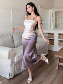 DAZY 2pcs Women Set: Ombre Sleeveless Dress & Cover Up Cover Up, Elegant Style For Summer Carnival - Purple - View 3