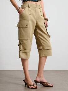 ROMWE Hippie Pantalones cargo de cintura baja vintage 3/4 para mujer (con cinturón de piel sintética) - Caqui - Ver 1
