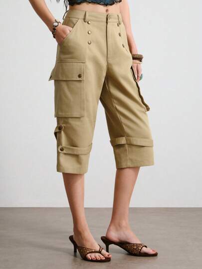 Hippie Pantalon vintage taille basse cargo 7/8 pour femmes (avec ceinture en fourrure)