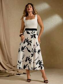 Flirla Große Größen Damen Einfarbiges Kontrast Blumenmuster Quadratischer Ausschnitt Ärmellos Passform & Ausgestelltes Lässig Urlaub Elegantes Maxikleid - Aprikosenfarben - Übersicht 3