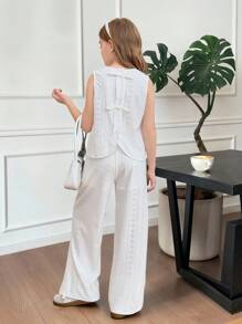 SHEIN Tween Girls Commuter Casual Jacquard Sleeveless Crew Neck Top And Straight Leg Pants Set