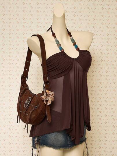 SHEIN ICON Y2k Halter Western Boho Vintage Brown Country Concert Babydoll Flowy Beaded Women's Beaded Tie-Up Ruched Fashion Halter Tank Top, Summer