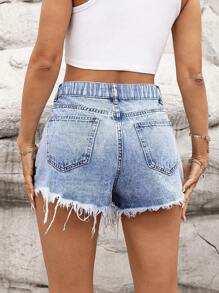 EMERY ROSE Plus Size Women's Summer Non-Stretch Distressed Raw Hem Denim Shorts - Blue - View 2