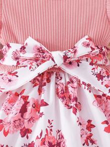 SHEIN 揉皺 羅紋針織花卉印花嬰兒連衣裙 - 彩色 - 查看 5
