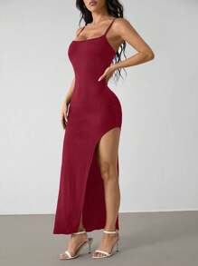 SHEIN PETITE Damen einfarbiges Kleid mit Plissees, Seitenschlitzen und Spaghettiträgern