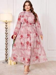 Graceveil Plus Size Women Elegant Flared Waist Belt Printed Full Length Modest Dress - Beige - View 4