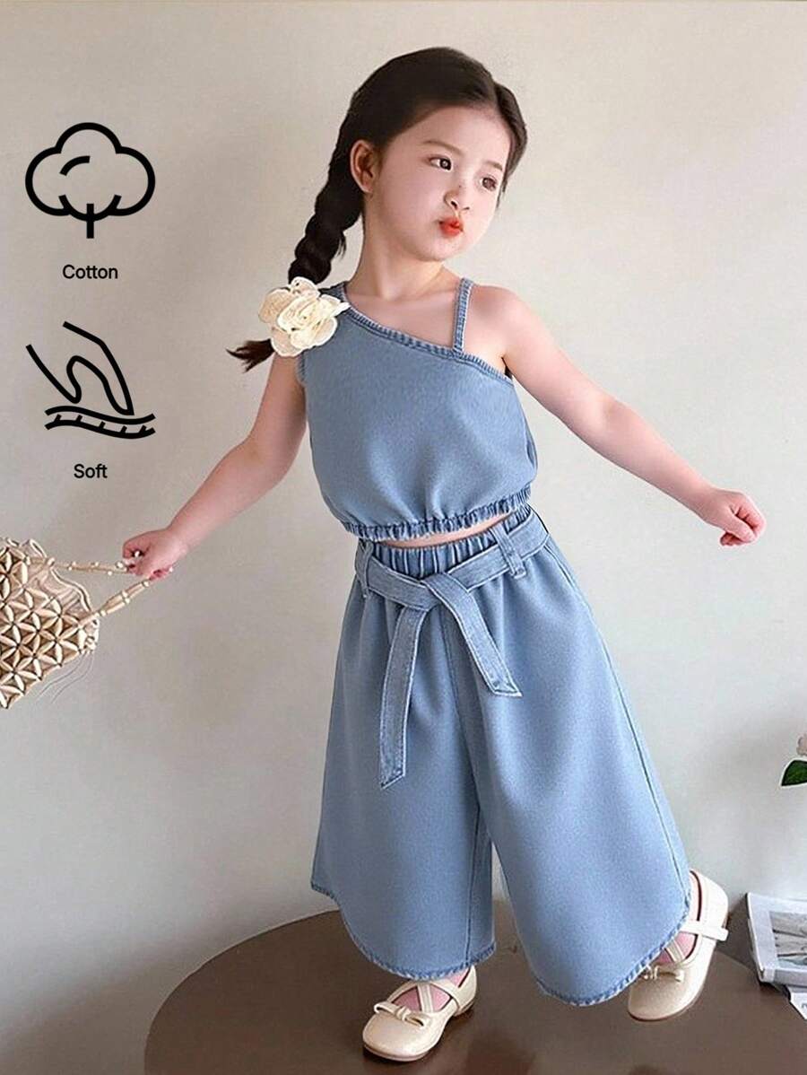 Denimly Girls 年轻少女休闲日常都市街头可爱简约舒适水洗牛仔套装 - 中等水洗藍 - 查看 1