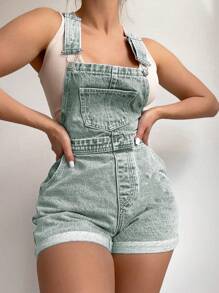 SHEIN ICON Quần yếm denim không tay thời trang thường ngày cỡ lớn đã giặt - màu xanh lá - Xem 1