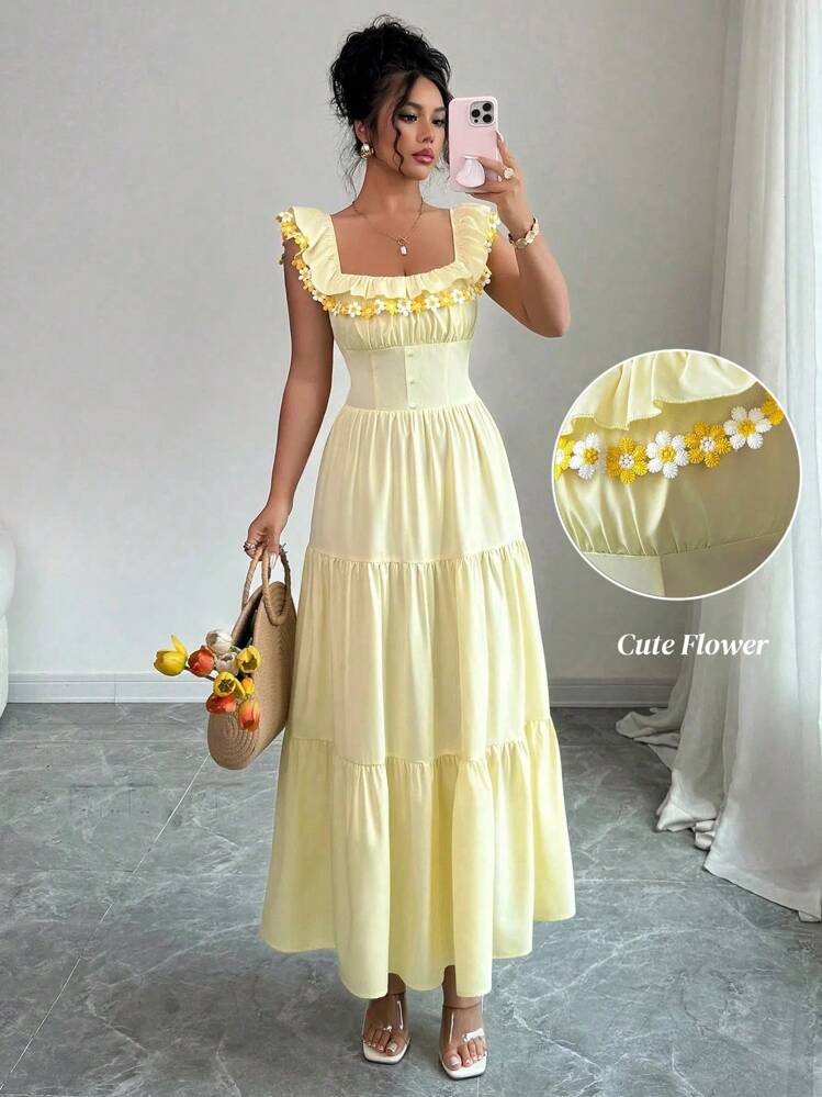 Elenzga Vestido en línea A de mujer con diseño de bordado floral en los hombros descubiertos y con fruncido en la cintura, elegante para el uso diario - Amarillo - Añade 7