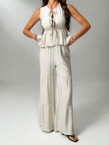 SHEIN Tall Women's Casual Apricot Two-Piece Set Sleeveless Round Neck Textured Top And Long Tiered Skirt Co-Ord - Apricot - View 8