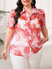 SHEIN Clasi Chemisier en mousseline de soie à manches courtes et imprimé fleuri pour femmes grandes tailles. Chemisiers fleuris élégants pour femmes grandes tailles. - Multicolore - Voir 4