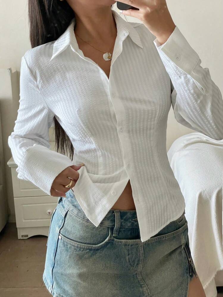 Chemisier décontracté pour adolescentes, ajusté avec bordure arquée, tout-aller, blanc