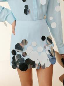 Anewsta Women's Handmade Sequin Embellished Versatile A-Line Mini Skirt, Spring Summer - Blue - View 3