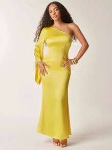 Vixey Solid Satin One Shoulder Bell Sleeve Mermaid Hem Maxi Dress, Summer Dresses For Women, Summer Outfits For Women, Dresses For Women Summer, Summer Clothes For Women, Wedding Guest Dress - Yellow - View 3