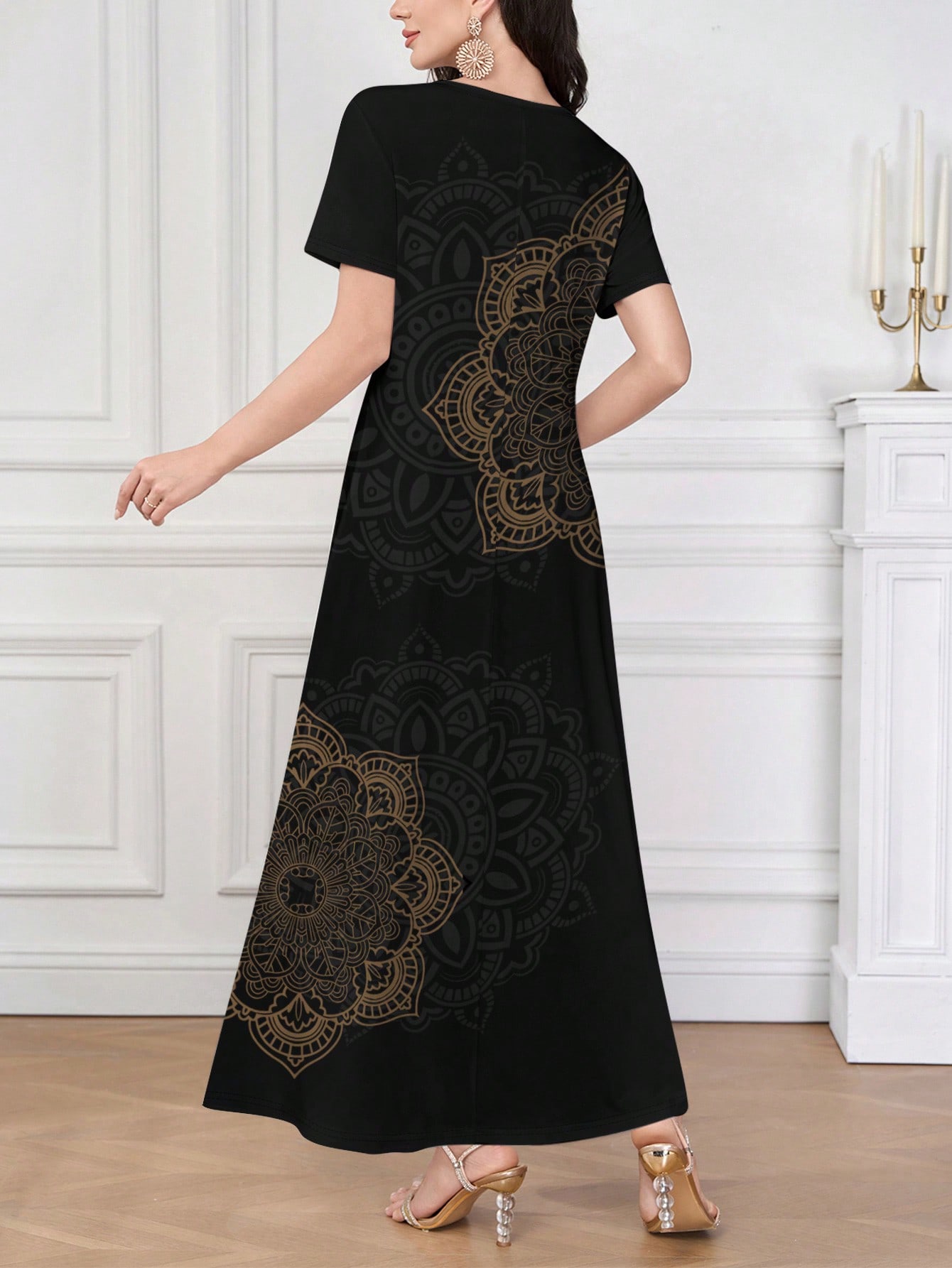 فستان قصير الأكمام للنساء طباعة فنية أنيقة وعصرية