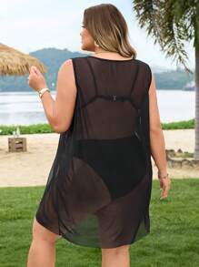 SHEIN CURVE+ 大码女式长款宽松椰子树印花网眼度假休闲罩衫 - 黑色 - 查看 2