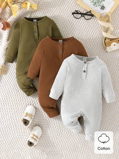 SHEIN Vintaside Kids 春秋純色肋條3件裝爬服,適用於嬰兒男寶寶