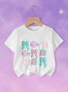 Pop Mart Azura X SHEIN Young Girl Cartoon & Bow Print Fantasy White Casual Sweet Cute Short Sleeve T-Shirt