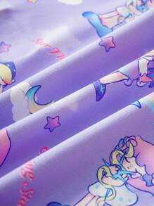 Pop Mart Azura X SHEIN Tween Girl Cartoon Dreamy Star & Rainbow Printed Purple Cute Camisole Top & Loose Shorts Pajama Set