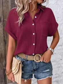 EMERY ROSE Blouse décontractée pour femme de couleur unie, à manches courtes et simple avec boutons - Rouge foncé - Voir 4