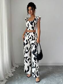 Selianne 2pcs Women Summer Casual Full Print Ruffle Hem Crop Top And Long Pants Set - Apricot - View 3