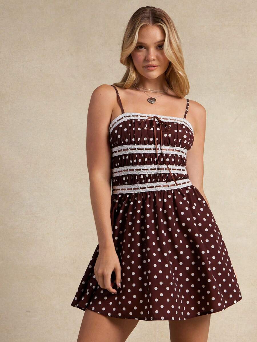 WESTFADE Brown And White Polka Dot Summer Cottage Core Picnic Mini Dress,Satin Ribbon Floral Eyelet Square Neck Bow Tie Ruched Tiered A Line Fit & Flare Boho - Brown - View 1