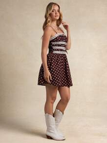 WESTFADE Brown And White Polka Dot Summer Cottage Core Picnic Mini Dress,Satin Ribbon Floral Eyelet Square Neck Bow Tie Ruched Tiered A Line Fit & Flare Boho - Brown - View 4