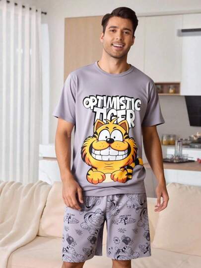 SHEIN Conjunto de 2 piezas para hombre que incluye: Parte superior de cuello redondo con gran estampado de gato y pantalones cortos con estampado total, conjunto de ropa para el hogar, moda de vuelta al colegio