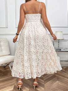 Elenzga 蕾丝A字型女式细肩带连衣裙，束腰超长款女装 - 杏色 - 查看 2