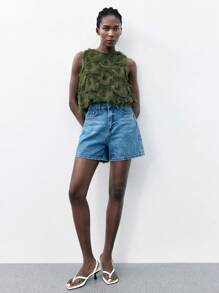 Maija 绿色提花面料圆领荷叶边下摆羽毛装饰时尚舒适休闲波西米亚度假风女式春夏吊带背心，假日沙滩露肩上衣 - 軍綠色 - 查看 3