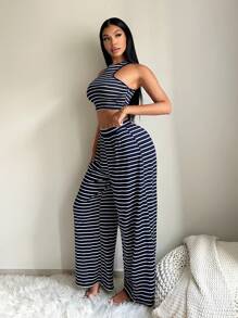 SHEIN SXY Set de 2 piezas con top ajustado sin mangas y pantalones con estampado de rayas para mujeres