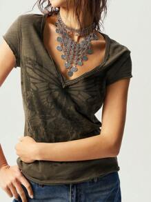 Bohemela 大码复古蝴蝶印花V领短袖T恤