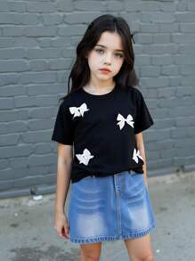 Girls Minimalist Black Short Sleeve T-Shirt & Denim Mini Skirt 2 Pieces Casual Set,3D Bow Decor Summer School Back-To-School Cowgirl Outfit - Multicolor - View 3