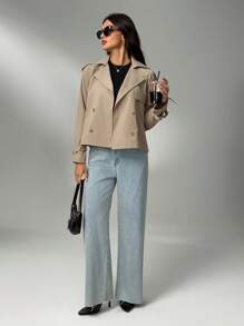 SHEIN Tall 女式短款纽扣翻领雨衣英伦风时尚卡其色常规下摆长袖风衣，适合秋冬季日常舒适穿着 - 卡其色 - 查看 4