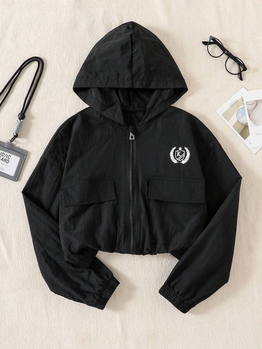 SHEIN Explorewe Tween Girls Hooded Long Sleeve Zip-Up Short Casual Jacket Fall Winter - Black - View 1