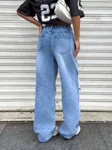 SHEIN Teen Girl Y2K Loose Fit Casual With Pockets And Wide Legs Jeans,Summer Break - Light Wash - View 3
