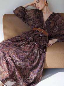 Aveloria Modichic 波西米亚风格宽松荷叶边下摆连衣裙配腰带，多层长袖连衣裙 - 彩色 - 查看 2