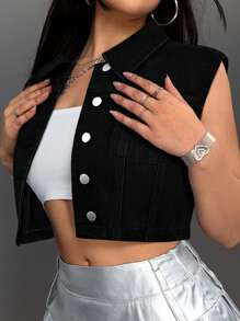 SHEIN ICON Casual Washed Sleeveless Cropped Denim Jacket